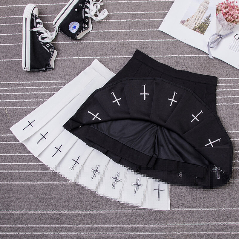 Falda plisada de cintura alta para mujer, falda negra con bordado cruzado, cintura elástica, sensación dulce y fresca, Harajuku, 2024