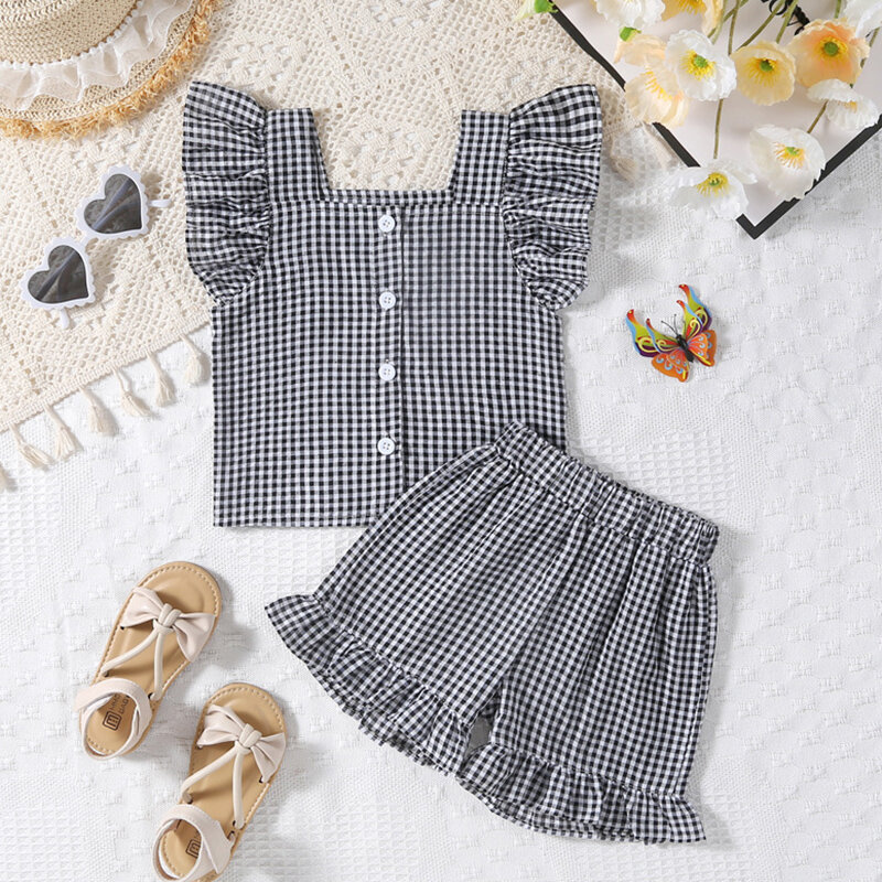 2024 New Summer Korean Style Toddler Baby Girl Clothes Set Flying Sleeved Cotton Plaid Shirt+Shorts Children Clothing Suit