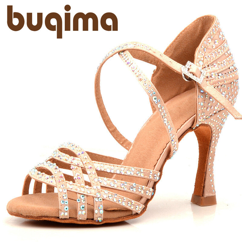 Zapatos de baile latino con diamantes de imitación para mujer, sandalias de fondo suave para bailar, tacones altos para boda, 7,5 CM
