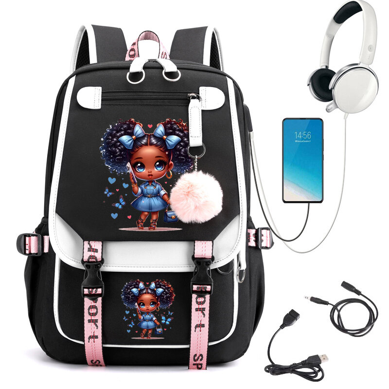 Black Girl Blue Butterfly Print Girls Backpack Cute School Bags for Student Teens Bookbag Laptop Backpack Usb Charging Mochila