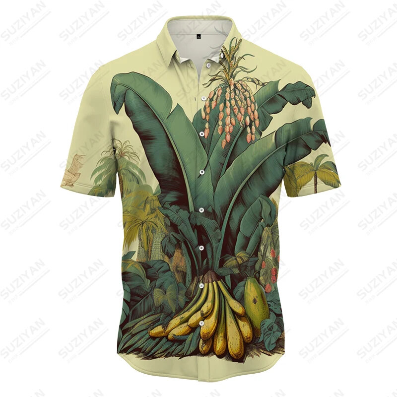 Рубашка мужская Свободная с 3D-принтом, Стильная сорочка для отпуска, с тропическими растениями, банановыми листьями, лето
