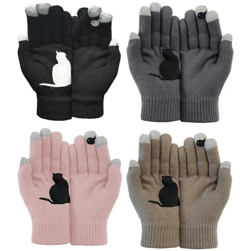 Damskie zimowe ciepłe rękawiczki na pięć palców rękawiczki dla zimna pogoda słodki kociak nadruk z ptakiem rękawiczki rękawiczki jesienne i zimowe rękawice ogrodowe