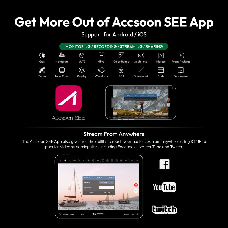Accsoon 시네뷰 나노 배터리 휴대폰 클램프, HDMI 150M 범위 무선 비디오 송신기, 60ms 대기 시간, 5GHz 와이파이, 안드로이드 IOS용