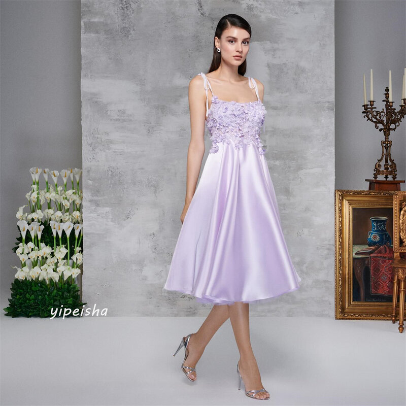 Ball Dress Evening Saudi Arabia Satin Flower Ruched Evening A-line Square Neck Bespoke Occasion Gown Midi Dresses