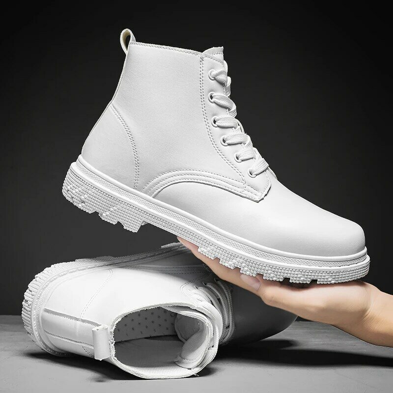 Botas masculinas de segurança para ferramentas, sapatos casuais brancos, plataforma estilo britânico, botas respiráveis, botas de caminhada ao ar livre
