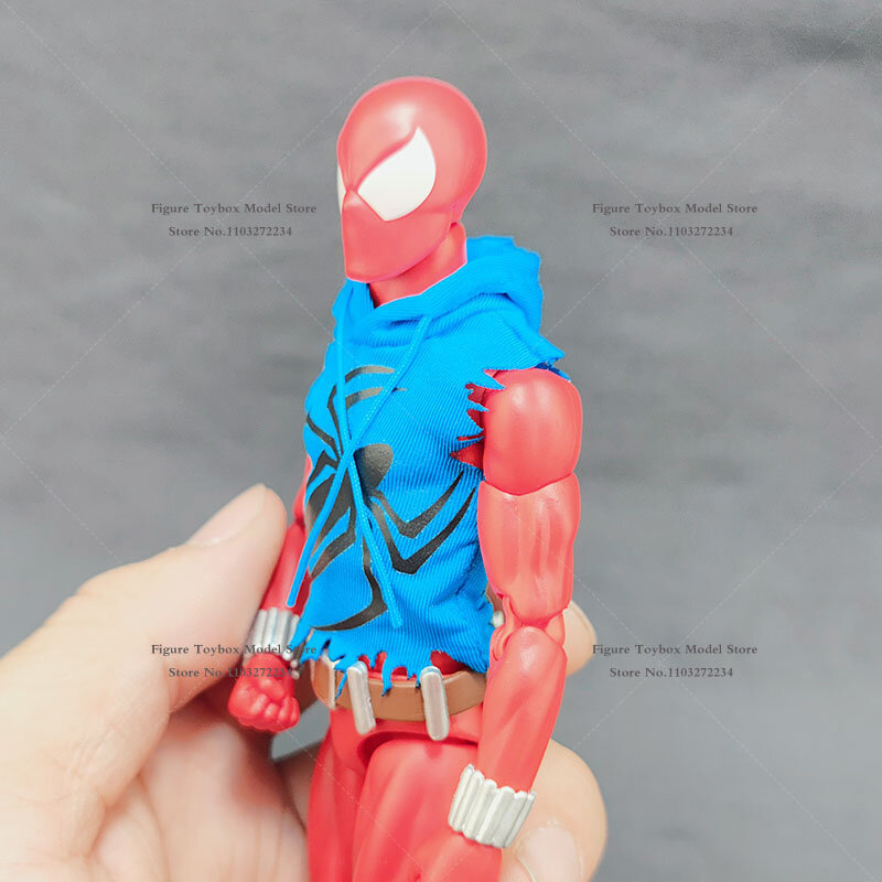 Chaleco con capucha Scarlet Spider-Man a escala 1/12, chaleco sin mangas con diseño rasgado, abrigo con estampado de araña, accesorio de ropa superior para cuerpo Mafex de 6"