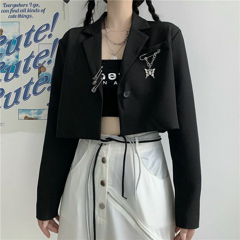 Женская маленькая куртка, весна-осень 2024, черный костюм, короткая куртка