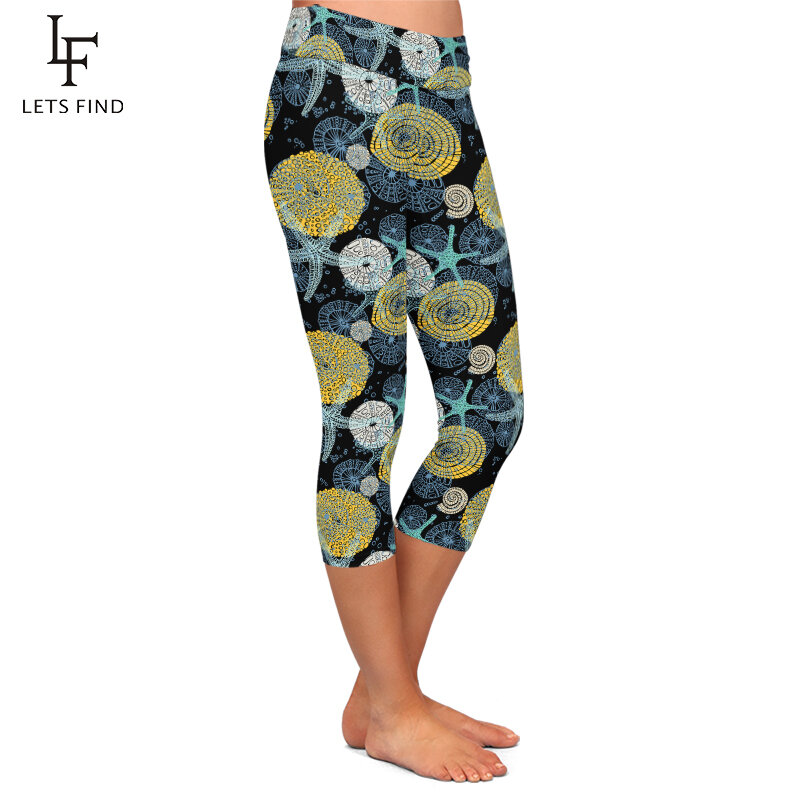 LETSFIND-Leggings de cintura alta para mujer, mallas Capri de Fitness con estampado de estrellas de mar, varias conchas marinas, novedad de verano