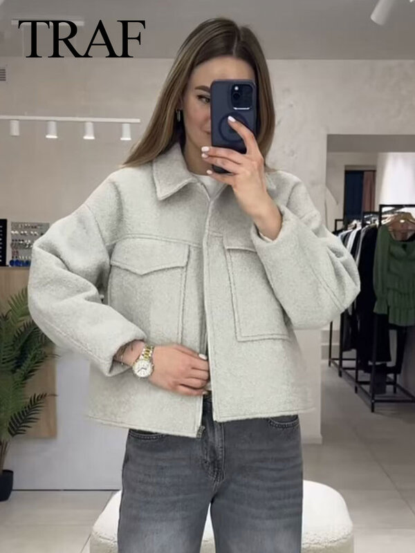 TRAF 2024 Female Fashion Vintage Jackets Casual Solid Street Long Sleeves With Pockets Zipper Versatile Chic Cropped Coats
