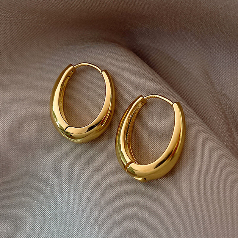 Brincos em U femininos cor de ouro vintage, argola oval prateada, joia de metal, moda coreana, novo, 2024