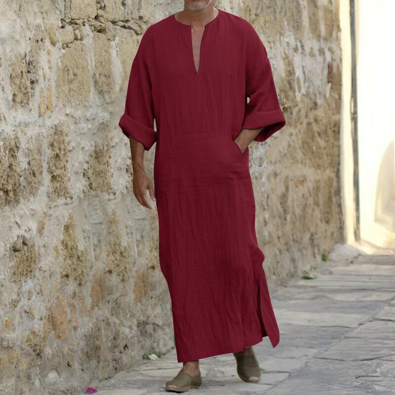 Abito musulmano da uomo con scollo a v tasche Casual manica lunga allentato abito islamico etnico arabo Vintage abbigliamento islamico Abaya maschile