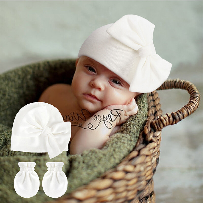 Topi Bayi Baru Lahir dengan Sarung Tangan Topi Katun Hadiah Kupluk Bayi untuk Anak Perempuan Topi Busur Aksesori Bayi Alat Peraga Fotografi Baru Lahir
