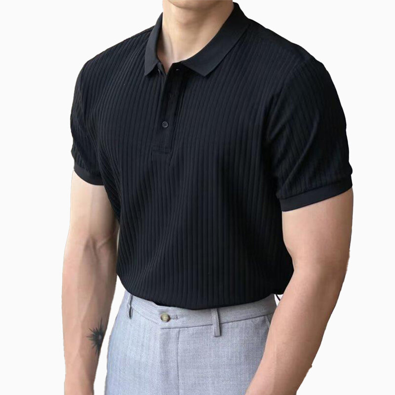 Bluzka z mięśniami t-shirt randkowy z guzikami L-3XL klapa poliestrowa prążkowana z krótkim rękawem 1 szt męska Brand New