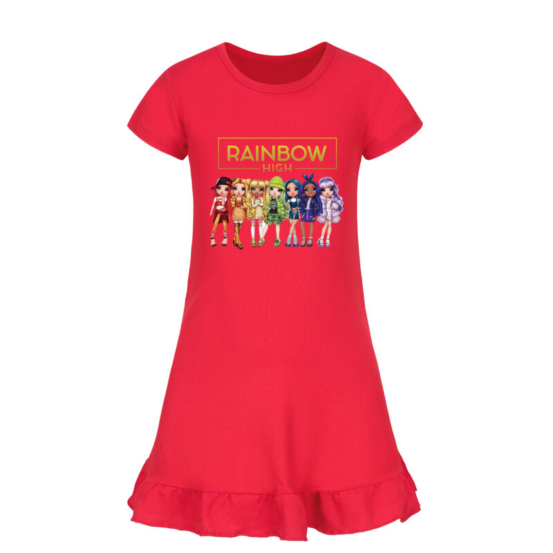 Vestido Kawaii Rainbow manga curta para crianças, vestidos casuais, camisolas dos desenhos animados, pijamas para crianças, roupas altas para crianças, verão
