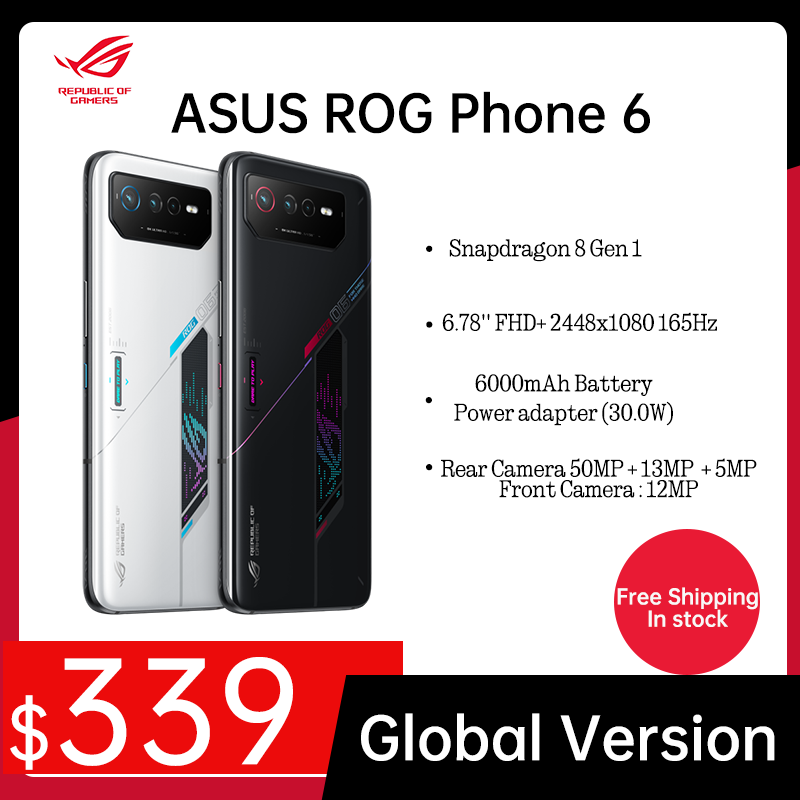 ASUS-teléfono inteligente ROG 6 5G, versión Global, Snapdragon 8 + Gen 1, 6,78 "FHD + 2448x1080, 165Hz, batería de 6000mAh, 50MP/13MP/5MP
