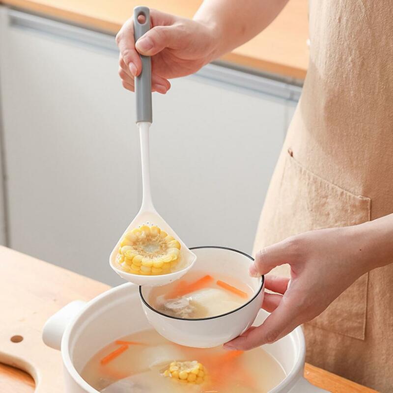 Cooking Spoon Temperature Resistance Drainage Nozzle with Leakage-Holes Long Handle Hangable Spoon Strainer for Canteen
