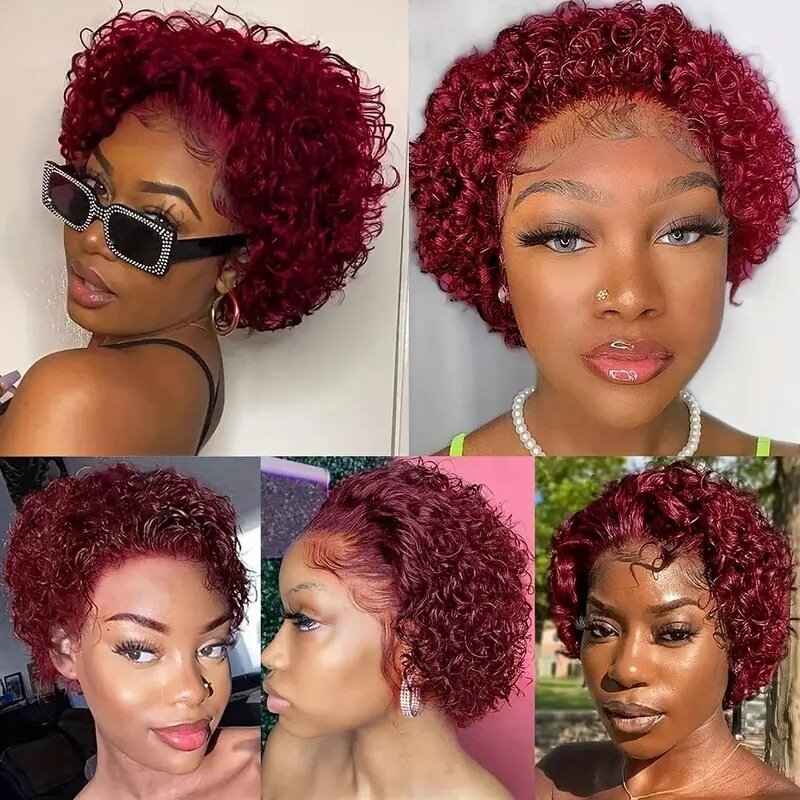 Wig renda merah anggur pendek Set Wig keriting renda depan wanita Wig keriting kecil Afrika dengan tutup kepala rambut manusia