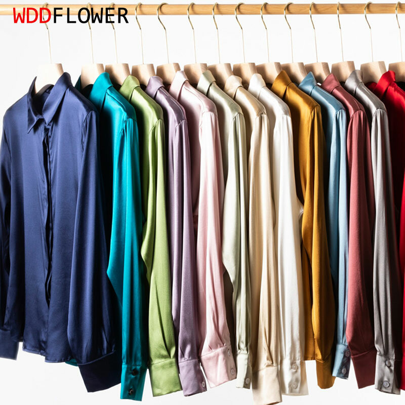 Camisa de cetim de manga comprida para mulheres, top de escritório, blusa com botões, 93% seda amoreira, 7% elastano, 19 momme, M, L, XL, MM161