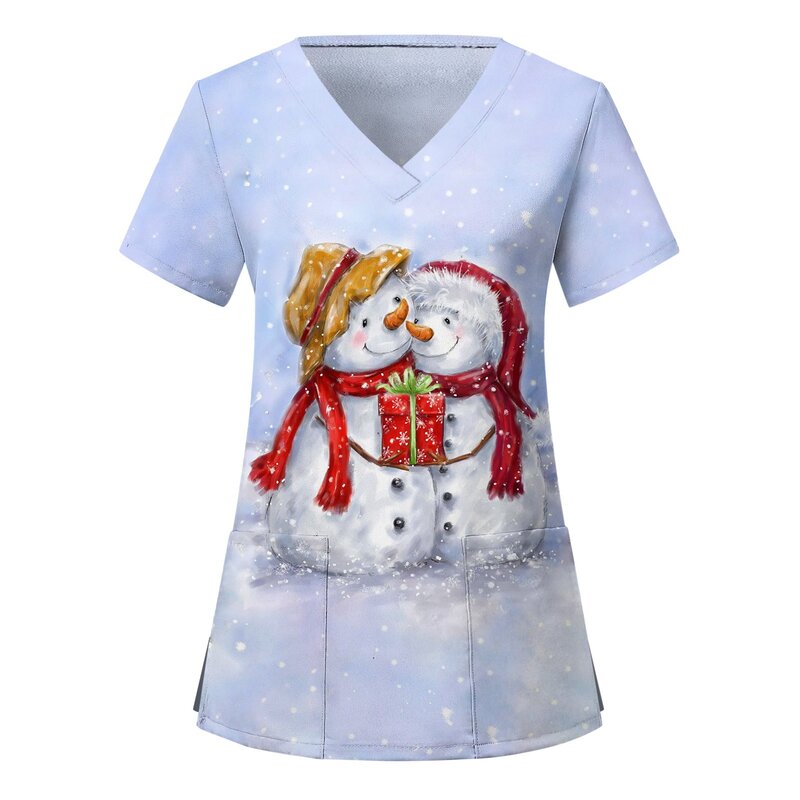 女性のクリスマス看護ユニフォーム、看護師の低木トップス、漫画の木のプリント、半袖ポケット、オーバーオールユニフォーム、医療看護ブラウス