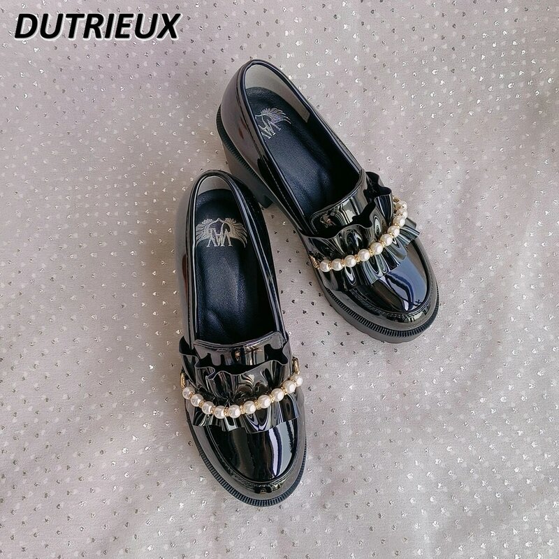 Japanese Style Mine Sweet Pearl Lace Patent Leather Loafers Women's Summer JK Mary Jane Platform Shoes Chunky Heel Pumps