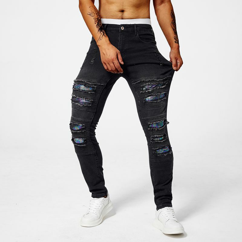 Мужские джинсы с перфорированной нашивкой, эластичные облегающие прямые джинсы, повседневные эластичные хлопковые велосипедные брюки из денима, новинка 2024