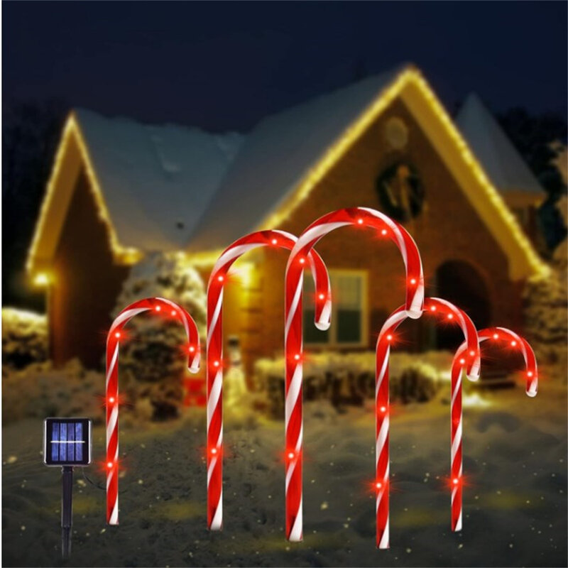 Luces de bastón de caramelo navideñas impermeables, alimentadas por energía Solar, luces decorativas navideñas para valla, camino, árboles, patio de jardín
