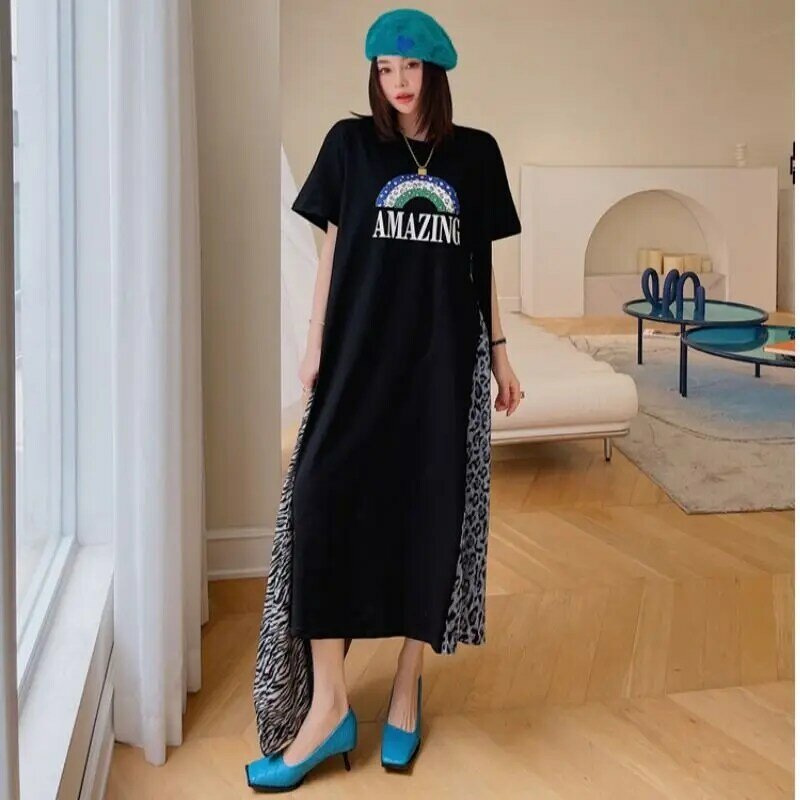 Vestido informal de dos piezas con estampado de leopardo y letras para mujer, ropa holgada de manga corta, estilo joven, verano, 2024