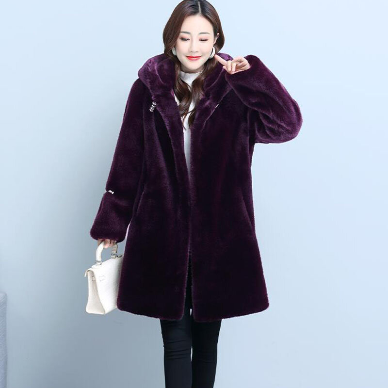 Haining-abrigo largo de visón para mujer, abrigo de imitación con solapa de conejo, talla grande