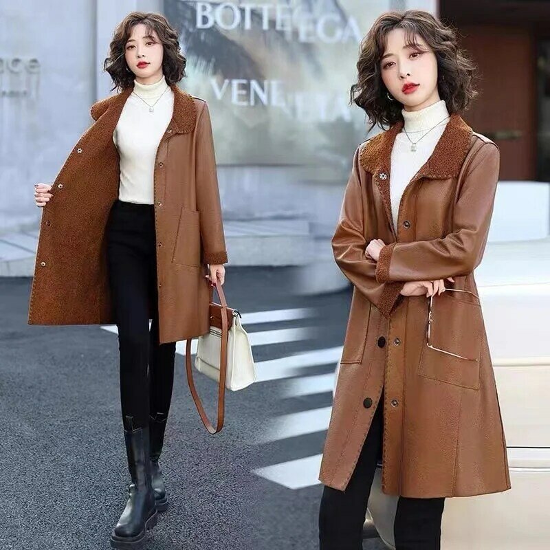 Leather Coat Women's Long Mother's Autumn Winter Korean Jacket Loose Large Size Fur One Windbreaker 2024 New Female Trend Tops
