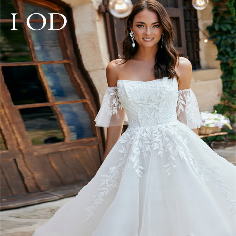 I OD 튤 아플리케 레이스 업 로맨틱 웨딩 드레스 여성용, A 라인 스트랩리스 버튼 백 민소매 코트 Vestidos De Novia