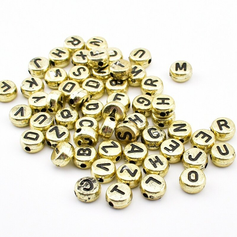 حبات حروف أكريليك 7 4 × 1 ، دائرية ، خلفية ذهبية ، سوداء ، لصنع الحلي ، تصنعها بنفسك ، 50 × 1