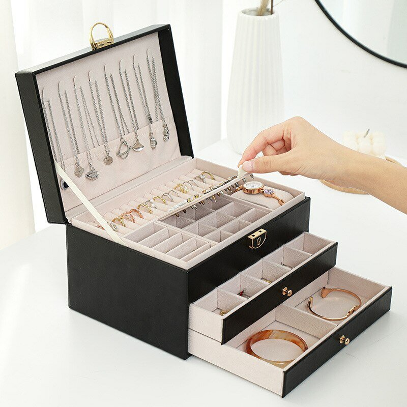 Grande scatola di immagazzinaggio di gioielli organizzatore multistrato per gioielli collana orecchino scatole di esposizione di imballaggio di stoccaggio di gioielli in pelle