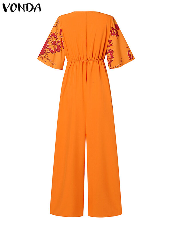 VONDA Summer Printed Jumpsuits Sexy V-Neck Women Half Flare Sleeve Bohemian Long Rompers 2024 Casual High Elastic Waist Playsuit