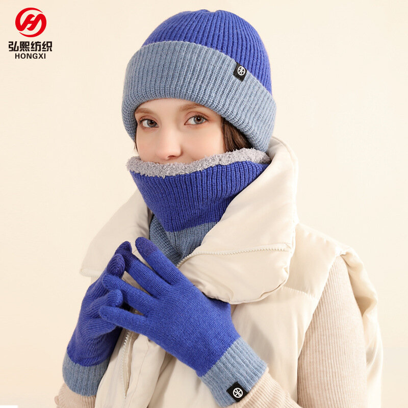 男性と女性のためのアルパカフリース保護セット、暖かいニットグローブ、帽子スカーフ、両面、カラーブロック、3ピースセット、冬