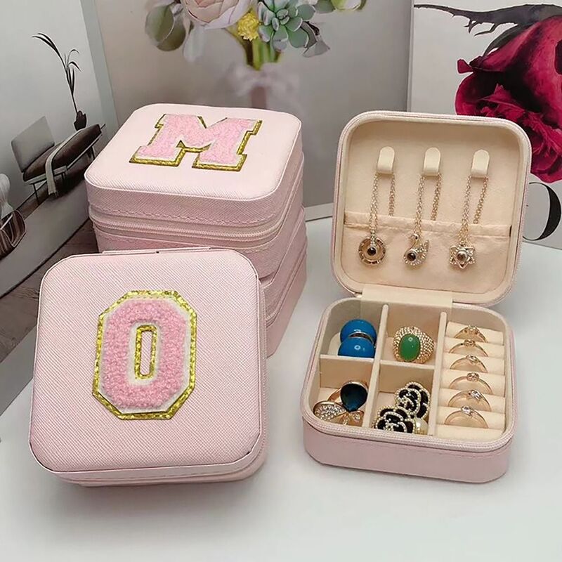 Large Capacity Jewelry Storage Box Letter Embroidery Earrings Necklace Storage Travel Jewelry Organizer Detachable Baffle