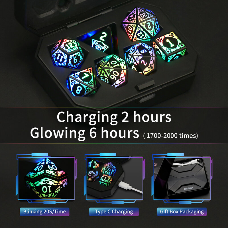 Light Up Colorful Dice Set Rechargeable LED DND Dice D&D with Charging Box（Coloured Light）