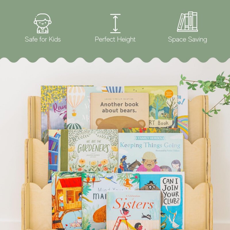 Rak buku anak-anak kayu dengan tepi bergigi-tinggi sempurna rak buku Montessori 3 tingkat untuk rak buku anak-anak tahan lama untuk K