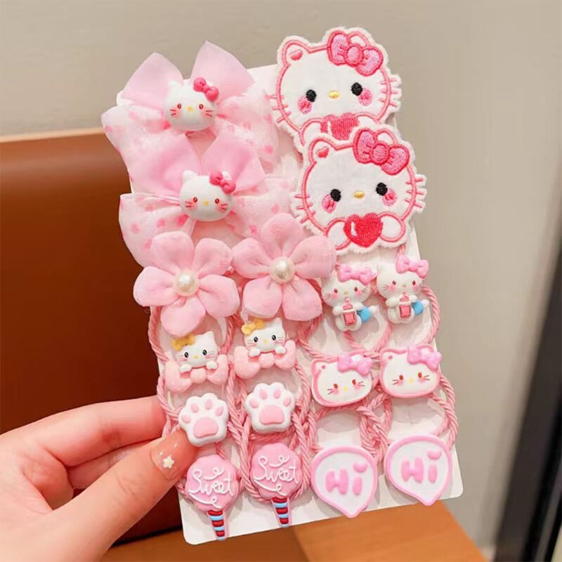 16 buah Kawaii Sanrio lucu kartun My Melody Hello Kitty anak sekolah gadis dasi rambut pita karet dekorasi hadiah liburan untuk anak perempuan