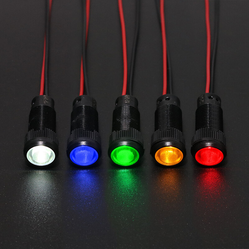 미니 경고 LED 파일럿 신호 램프, 산화 블랙 플라스틱 표시등, 와이어 포함, 레드, 옐로우, 블루, 그린, 6V, 12V, 24V, 220V, 10mm, 1 개