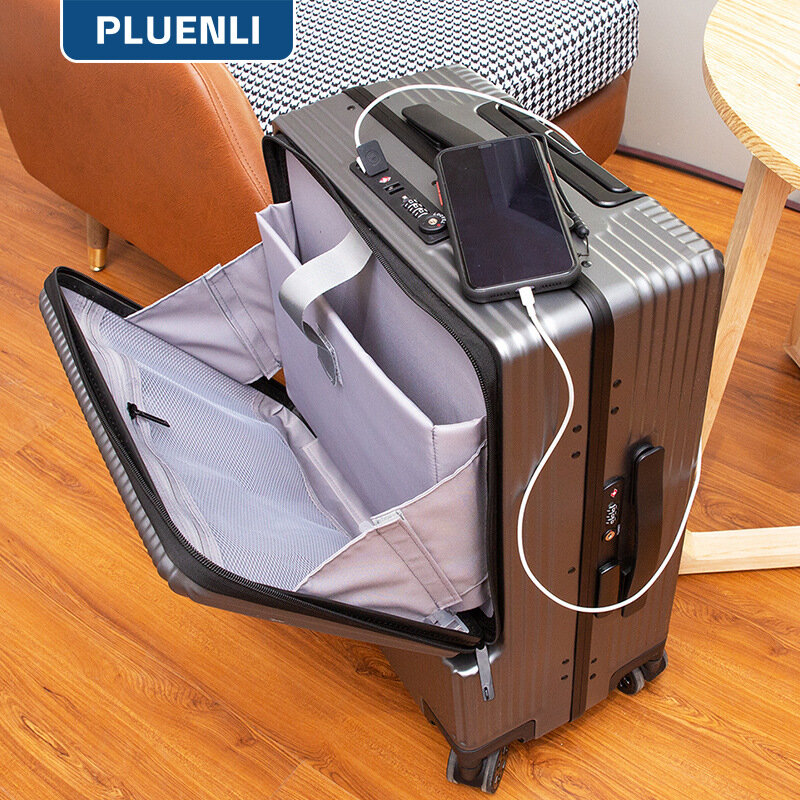 PLUENLI-maleta de equipaje de negocios para hombre y mujer, Maleta de embarque con Apertura frontal, maleta con Carro Lateral, recargable