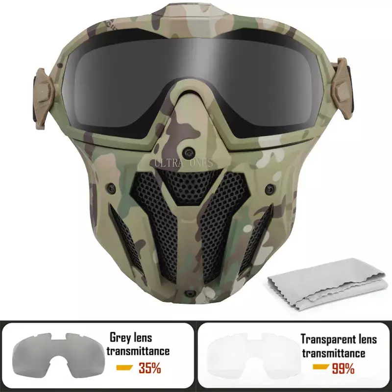 Masker Airsoft Kacamata Dapat Dilepas dengan Kipas Anti-kabut Topeng Wajah Penuh Pelindung Paintball Taktis Masker Kacamata CS Menembak