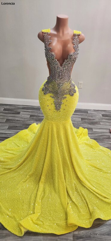 Gaun Prom putri duyung payet kuning mewah lorensia untuk Gadis Hitam Perak Daimonds bermanik gaun pesta gaun pesta Vestidos De Festa YPD118