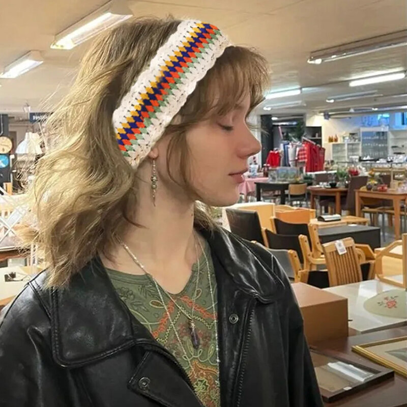 Vintage Crochet Knitting Headbands Bohemian Flower Hair Scarf Holiday Headwrap Women Triangle Bandanas Turban Hair Accessories