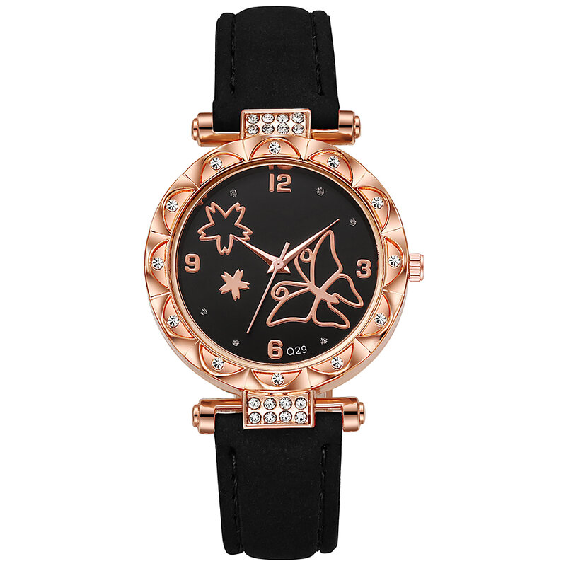 Relógio Quartz Borboleta para Mulheres, Correia de Couro, Diamante Completo, Wind Girls, Moda Borboleta