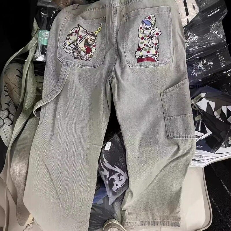 Корейские модные уличные джинсы Deeptown Y2K в стиле хип-хоп, Женские винтажные джинсовые брюки в стиле Харадзюку с принтом Goth Death и широкими штанинами