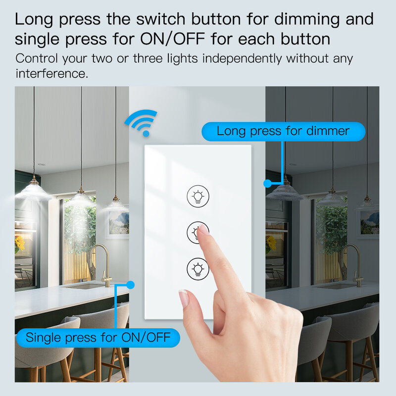 US WiFi Smart Dimmers Switch, 1, 2, 3 Gang Touch Switch, Brilho da Luz LED, Controle Sem Fio, Tuya App, Controle de Voz, Alexa, Google
