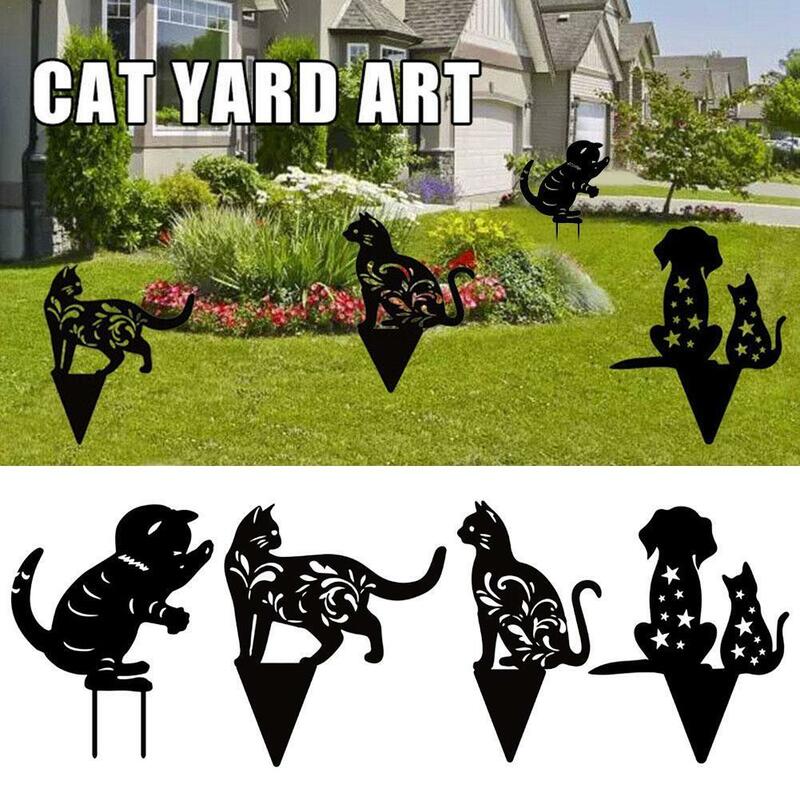 Новая ажурная Имитация черного кота, карточка с вставкой, акриловая скульптура, искусство, садовое украшение, черная стойка, внешнее искусство, H8S3