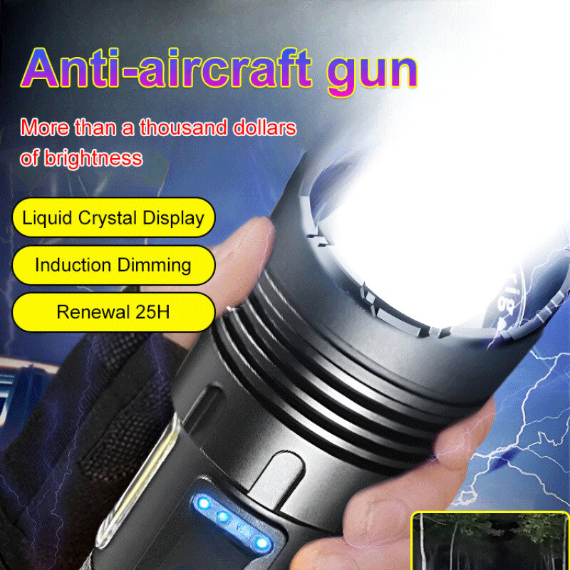 Linterna brillante con zoom multifuncional, Cañón de cielo, portátil, recargable por USB