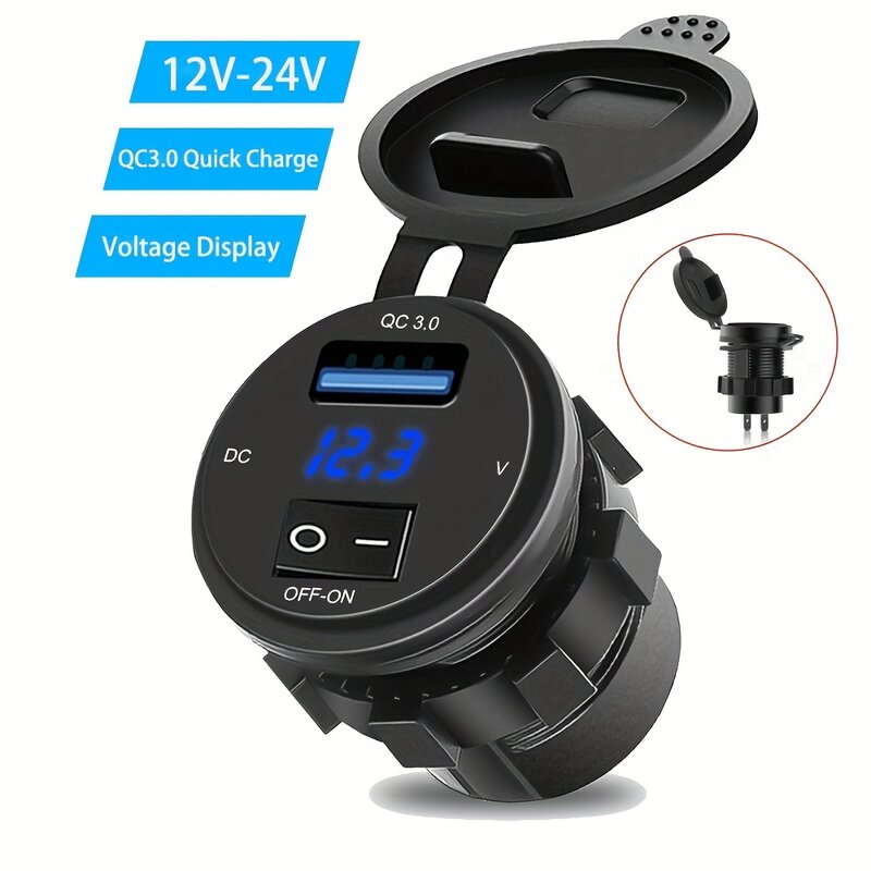 QC3.0 USB Car Charging Socket with Switch Digital Display Voltmeter Waterproof Socket Suitable for Cars Motorcycles and Boats