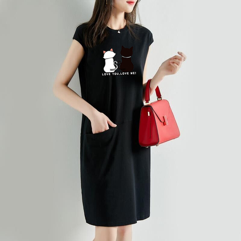 Женское летнее платье с принтом кошки, корейская модная Эстетическая одежда, повседневная Уличная одежда, черные свободные платья-миди для женщин, 2023